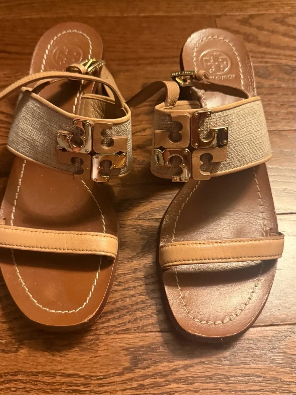 Tory Burch Tan Leather & Canvas Logo-Buckle Sandals